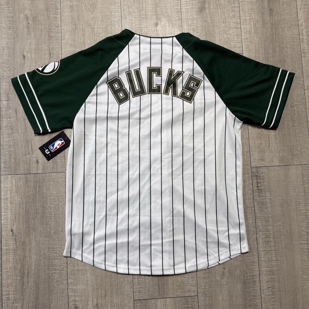 NBA Milwaukee Bucks White Green Baseball Style Jersey NWT Size M Men - Picture 4 of 8